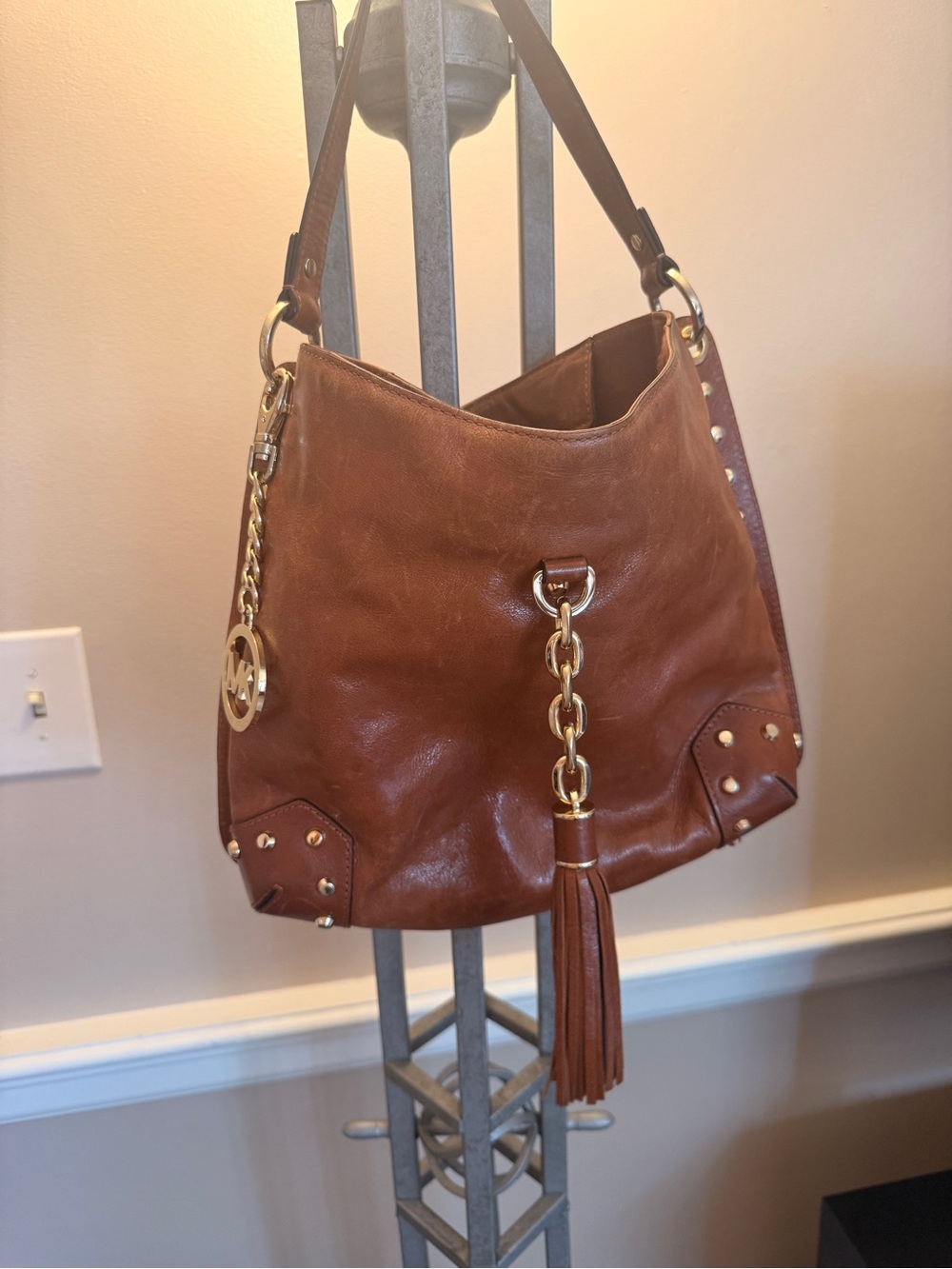 Michael Kors Cognac Leather Chain Tassel Hobo